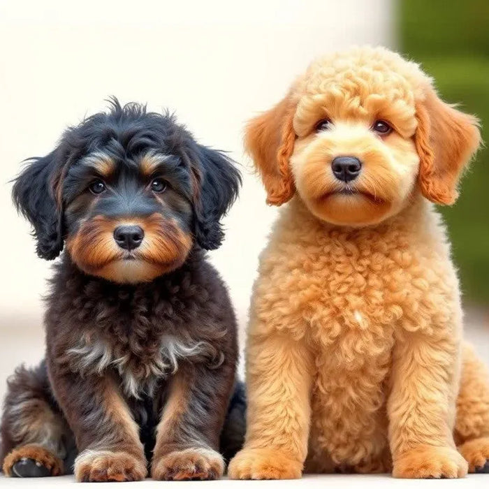Groodle and a Goldendoodle sitting together