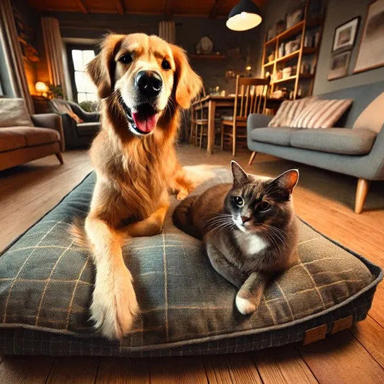 Dog and cat sitting together for a dogs versus cats comparison