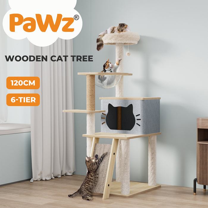 3 cats playing on Cat condo with scratching post
