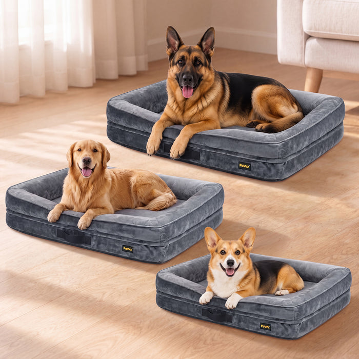 PaWz Large Dog Bed Orthopedic Dog Bed Bolstered Support Flannel Velvet Grey