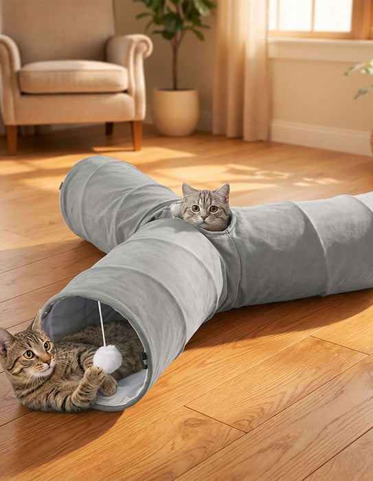 3 Way Cat Tunnel Toy Interactive Foldable Tube Indoor Pet 2 Hanging Balls