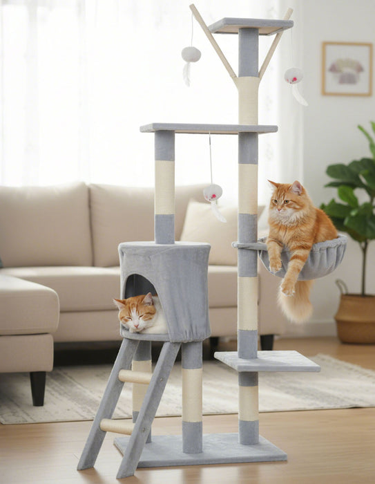 Cat Tree Tower Scratching Post Scratcher 143cm Climbing Tree House Bed Grey