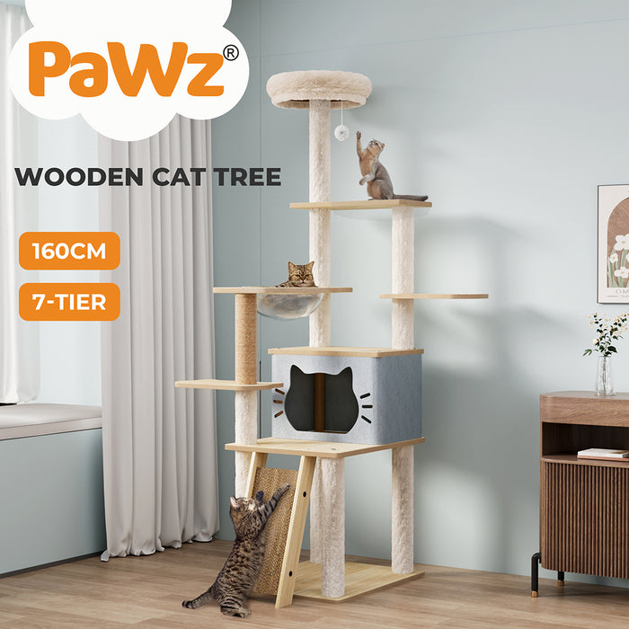 Cat on the large Pawz Wooden Multi-level Cat Tree Tower