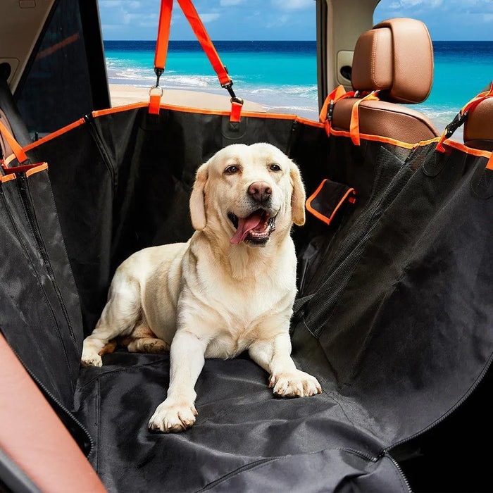 Dog ready to travel on PaWz Premium Pet Back Car Seat Cover in car