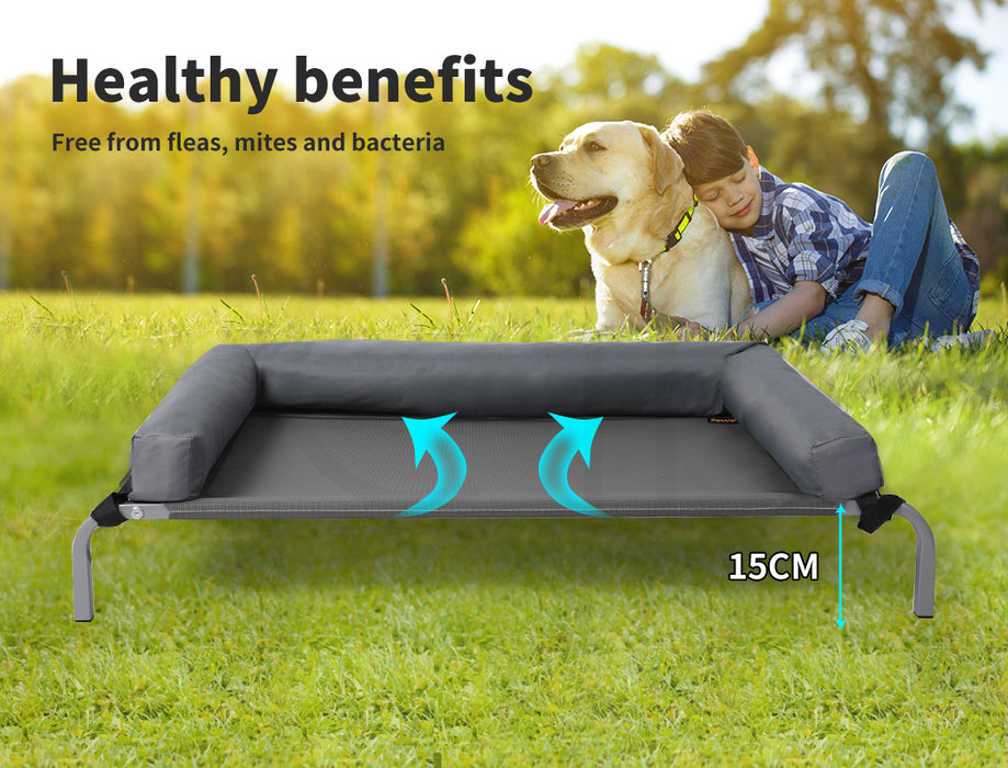 Kid with dog bedside PaWz Outdoor Elevated Dog Bed
