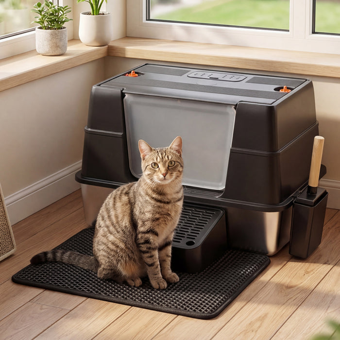Cat Litter Box Enclosed Stainless Steel Litter Tray Hooded Covered Toilet