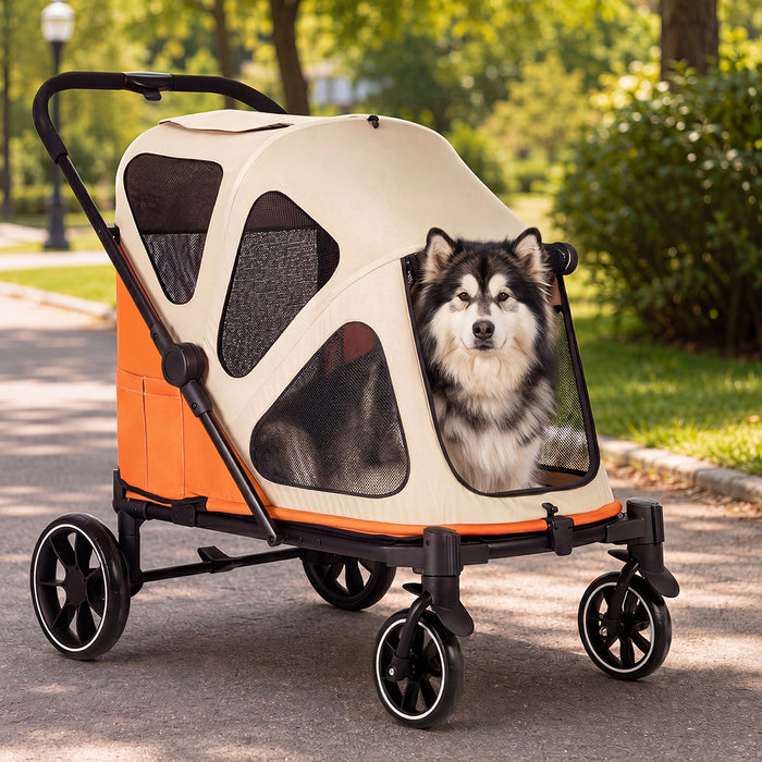 Dog Stroller Pet Pram Foldable Mesh Ventilated Seat Safety Leash Orange