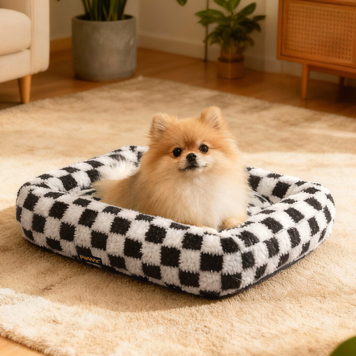 Dog Bed Calming Pet Checkered Plush Bed Soft Washable Bed Non-Slip