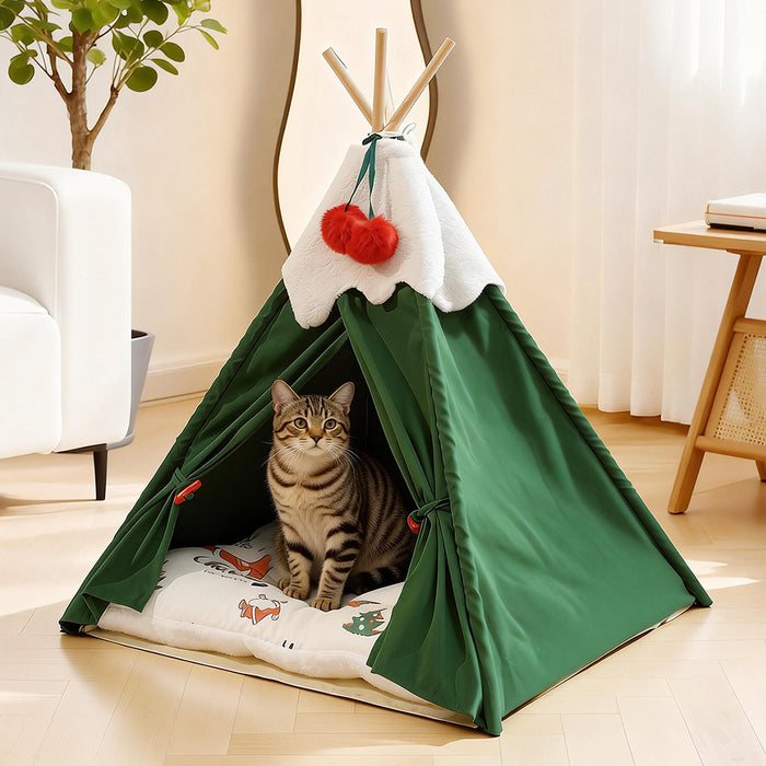 Pet Tent House Pet Teepee Dog Cat Tent Bed Washable Portable Indoor Green