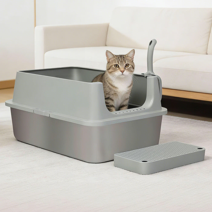 Stainless Steel Cat Litter Box Large Semi-Enclosed Easy Cleaning Pet Toilet