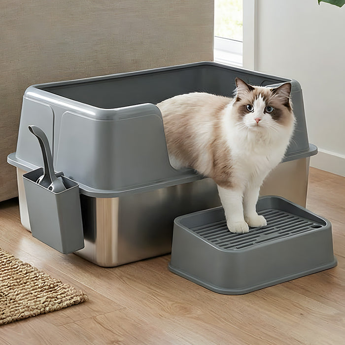 Stainless Steel Cat Litter Box Large Semi-Enclosed Easy Cleaning Pet Toilet