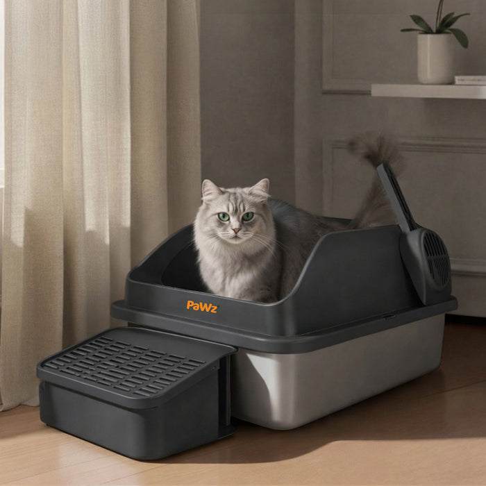 Stainless Steel Cat Litter Box Big Cats Kitten High Sided Easy Clean Grey