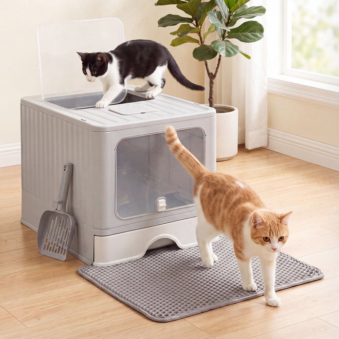 Cat Litter Box Stainless Steel Enclosed Drawer Odor Control Foldable Grey