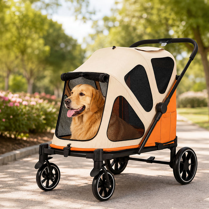 Dog Stroller Pet Pram Fold Shock Absorbing Wheels Outdoor Travel Orange