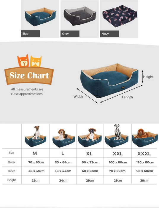 PaWz Comfy Soft Snuggle pet beds size chart