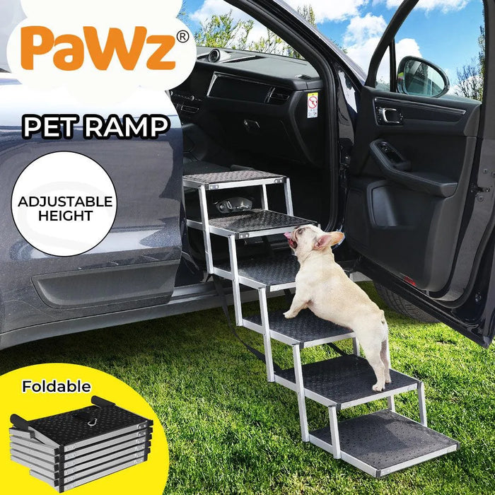 Pug on the foldable dog steps