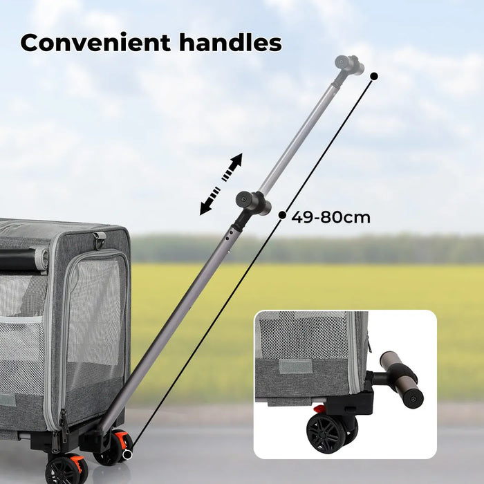 Telescopic handle extended on Pawz 4-Wheel Pet Carrier for ergonomic pulling