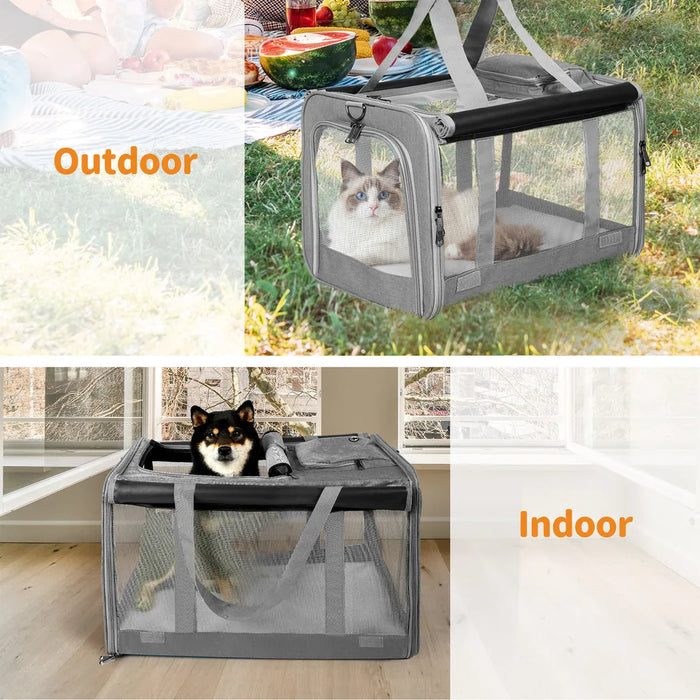 Ventilated mesh design on soft dog crate for airflow and visibility