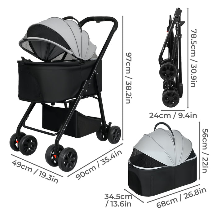 Pet Stroller 3 in1Dog Cat Pram Carrier Foldable Pushchair Outdoor 4 Wheels