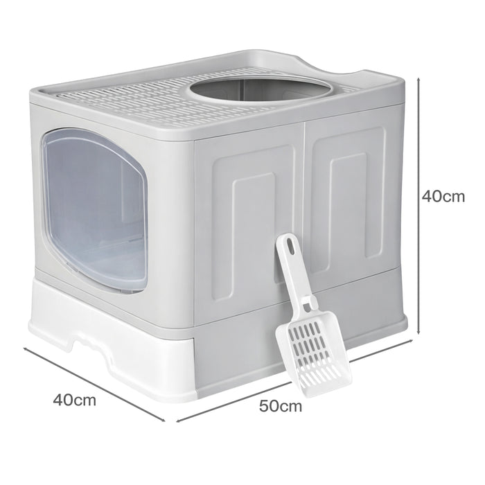 Large Cat Litter Box Foldable Top Entry Covered Litter Tray Scoop Grey