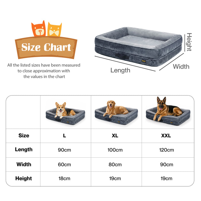 PaWz Large Dog Bed Orthopedic Dog Bed Bolstered Support Flannel Velvet Grey