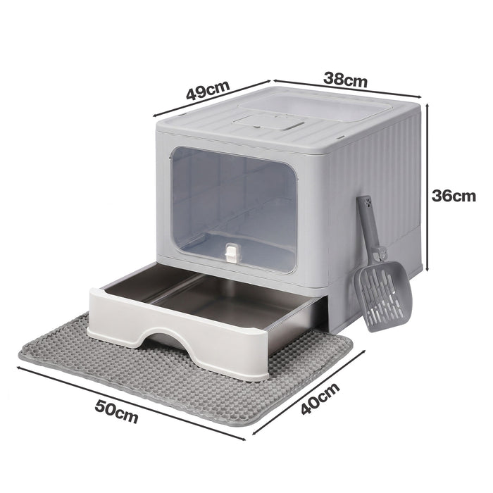 Cat Litter Box Stainless Steel Enclosed Drawer Odor Control Foldable Grey