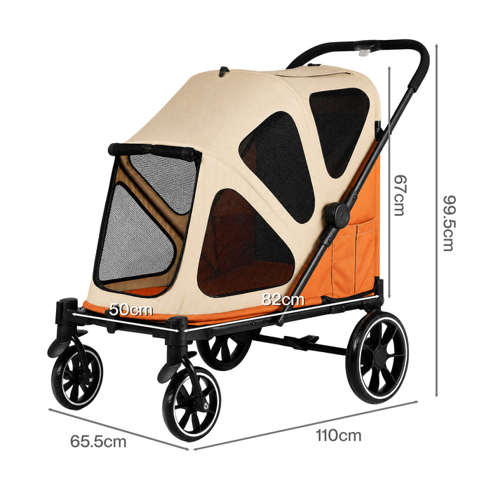 Dog Stroller Pet Pram Fold Shock Absorbing Wheels Outdoor Travel Orange