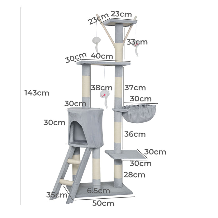 Cat Tree Tower Scratching Post Scratcher 143cm Climbing Tree House Bed Grey
