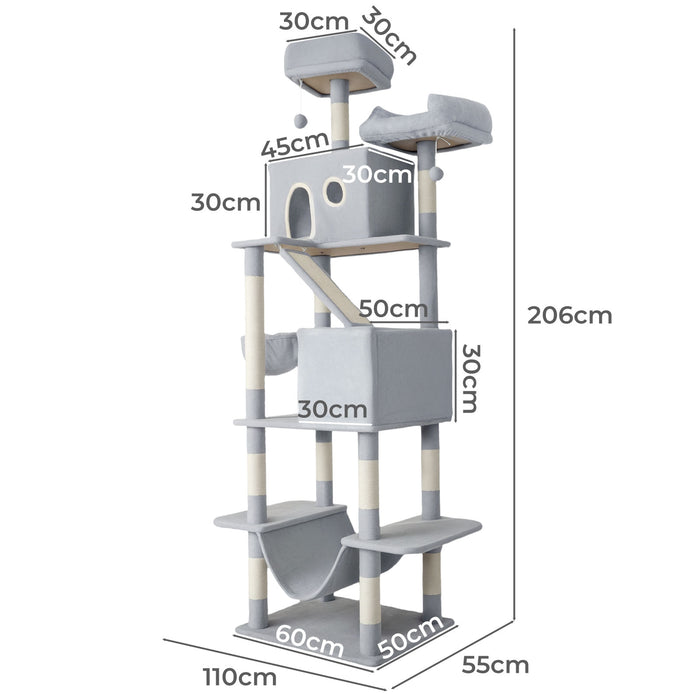 Pawz Cat Tree Tower Scratching Post Scratcher 206cm Climbing Tree House Bed Grey