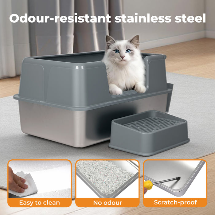 Stainless Steel Cat Litter Box Large Semi-Enclosed Easy Cleaning Pet Toilet