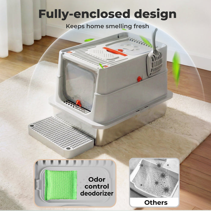 Stainless Steel Cats Litter Box Hooded High Enclosed Large Kitty Toilet