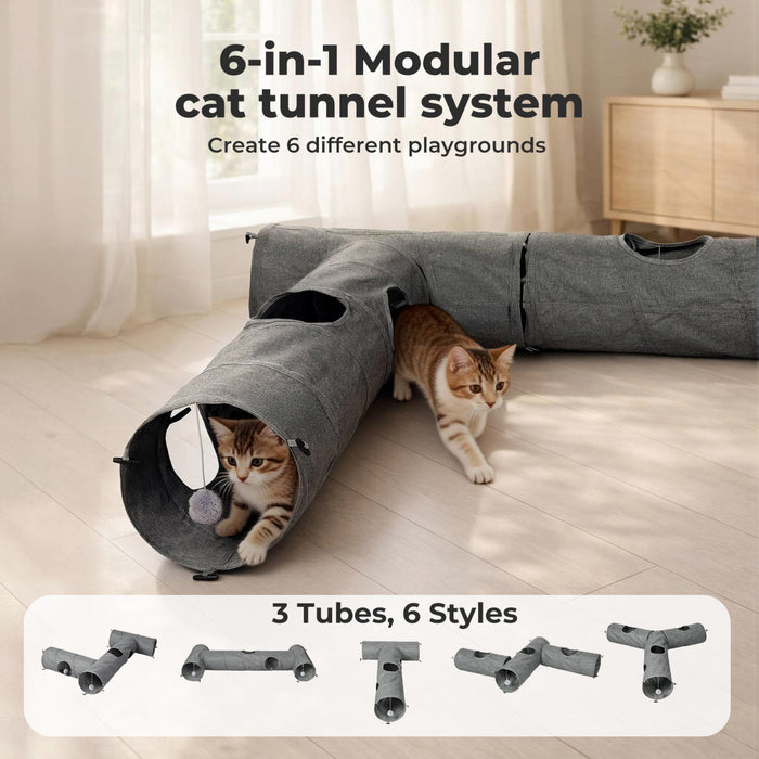 Large Cat Tunnels 3 Pcs Modular Foldable Linen Tube Kittens Cat Toys