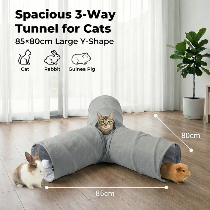 3 Way Cat Tunnel Toy Interactive Foldable Tube Indoor Pet 2 Hanging Balls