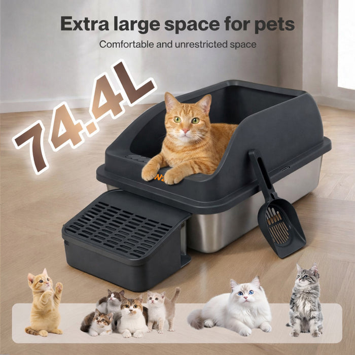 Stainless Steel Cat Litter Box Big Cats Kitten High Sided Easy Clean Grey