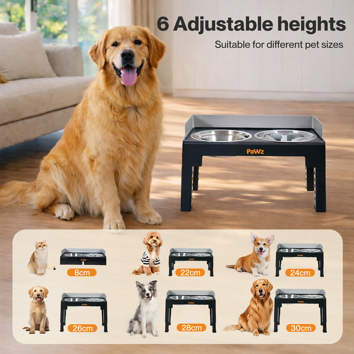 Elevated Dog Bowls Pet Feeder 6 Height Adjustable Raised Food Water Large - Grey
