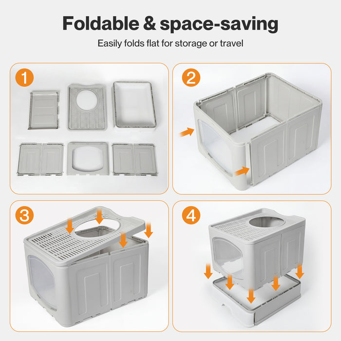 Large Cat Litter Box Foldable Top Entry Covered Litter Tray Scoop Grey