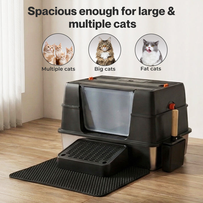 Cat Litter Box Enclosed Stainless Steel Litter Tray Hooded Covered Toilet