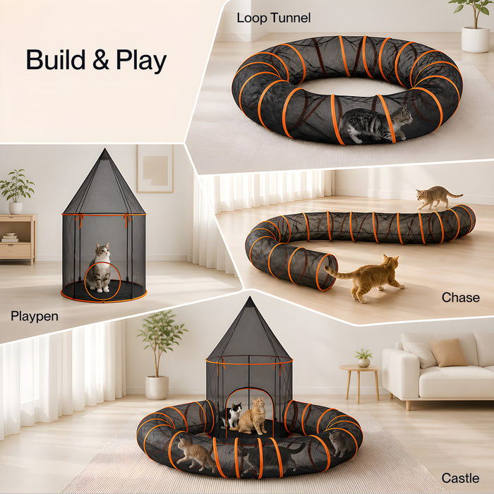 Cat Tunnel Enclosure Large Foldable Spacious Mesh for Indoor Outdoor Black