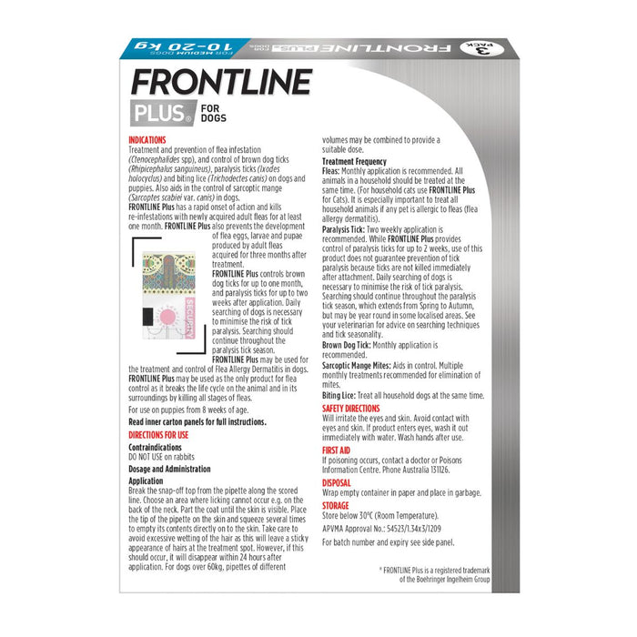 Frontline Plus Dog 10-20kg Blue Medium 3pk