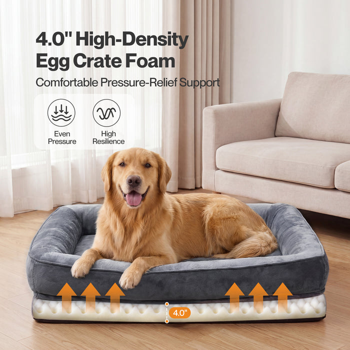 PaWz Large Dog Bed Orthopedic Dog Bed Bolstered Support Flannel Velvet Grey