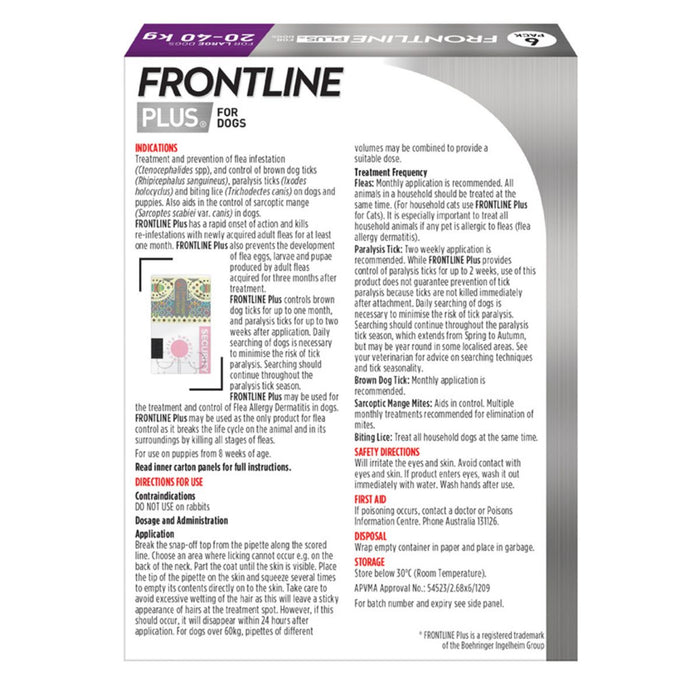 Frontline Plus Dog 20-40kg Purple Large 6pk