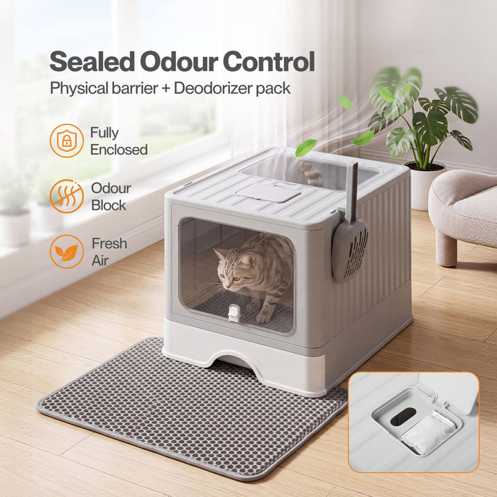 Cat Litter Box Stainless Steel Enclosed Drawer Odor Control Foldable Grey