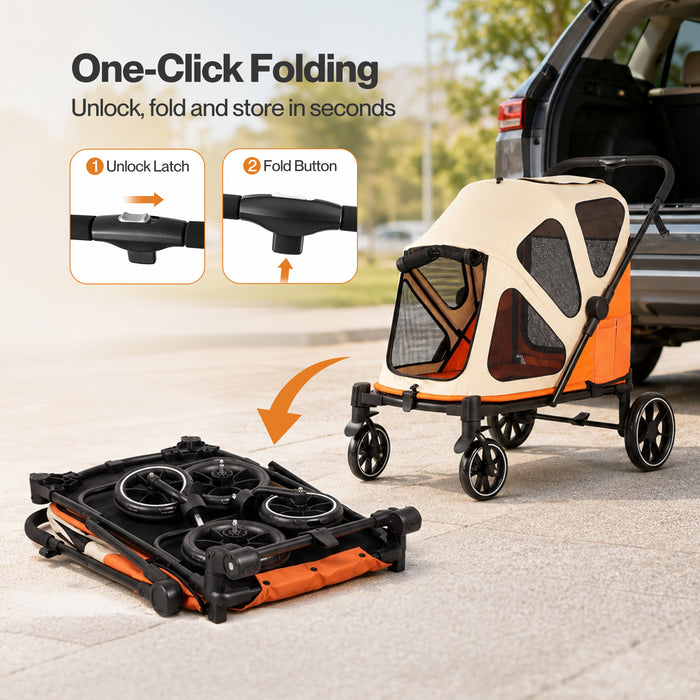 Dog Stroller Pet Pram Foldable Mesh Ventilated Seat Safety Leash Orange