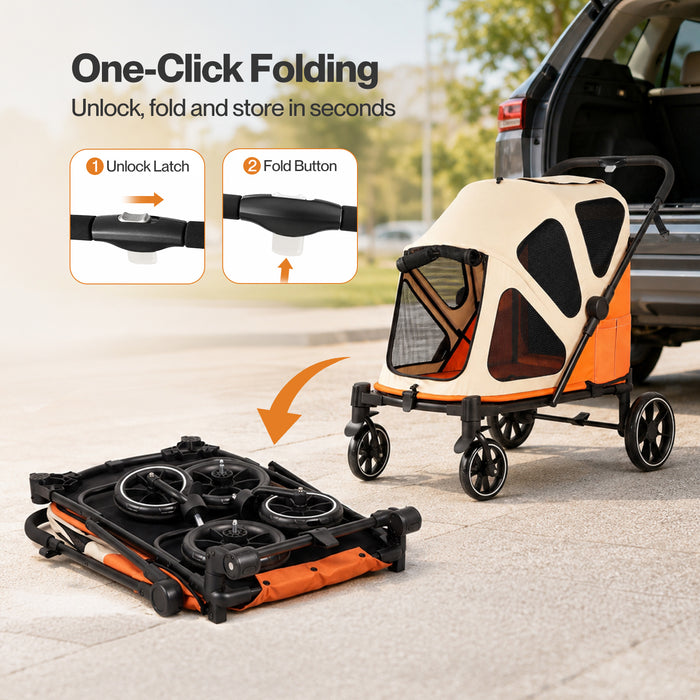 Dog Stroller Pet Pram Fold Shock Absorbing Wheels Outdoor Travel Orange