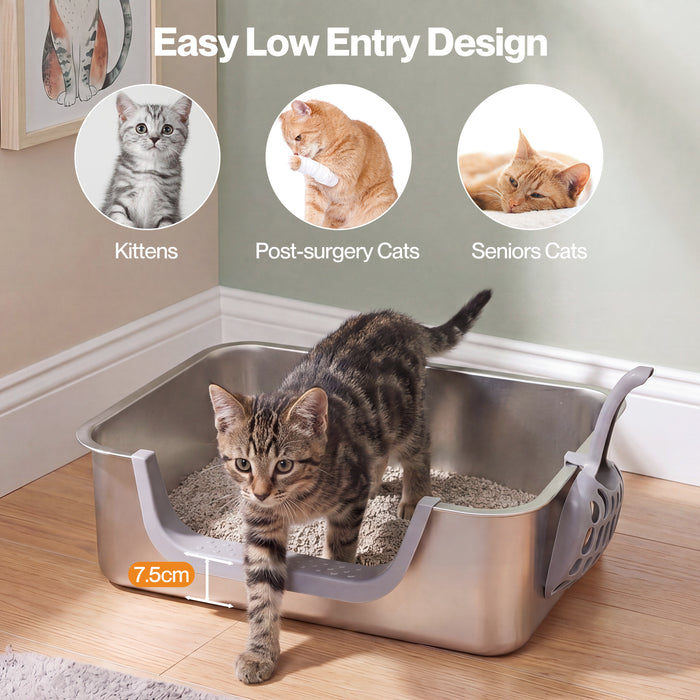Stainless Steel Cat Litter Box Low Entry Tray Non-Stick Easy to Clean