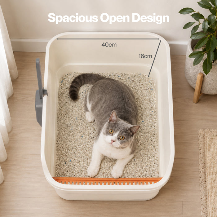 Large Cat Litter Box High Sided Open Top Cat Litter Tray 60cm Beige
