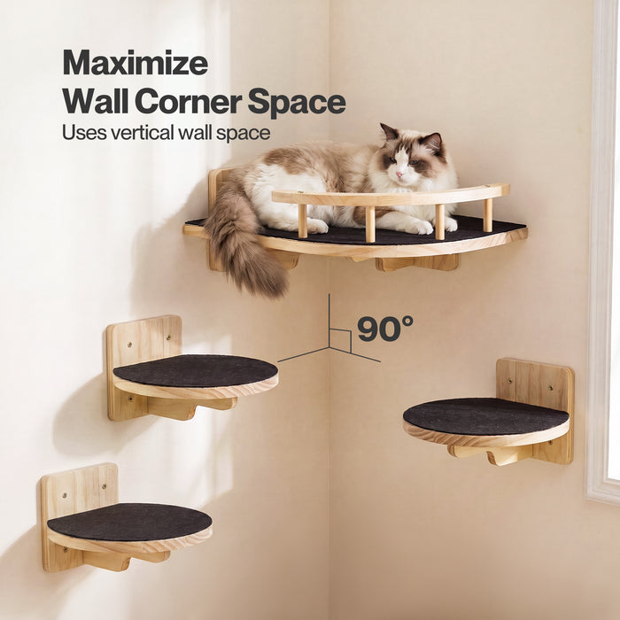 Cat Wall Shelves Corner Cat Tree with Guard Rail,15mm Pine Wood