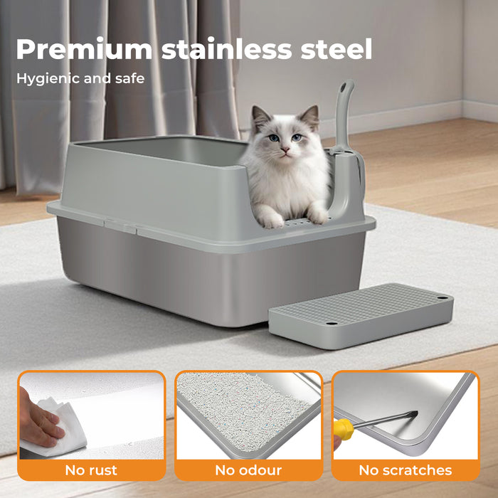 Stainless Steel Cat Litter Box Large Semi-Enclosed Easy Cleaning Pet Toilet
