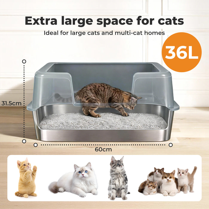 Stainless Steel Cat Litter Box Large Semi-Enclosed Easy Cleaning Pet Toilet