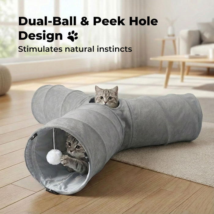 3 Way Cat Tunnel Toy Interactive Foldable Tube Indoor Pet 2 Hanging Balls
